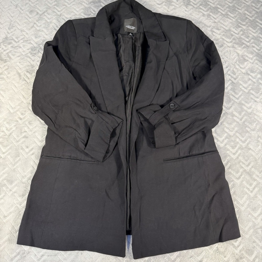Simply Vera Vera Wang Women Blazer Jacket Med Black Open Front Roll Tab Sleeve
